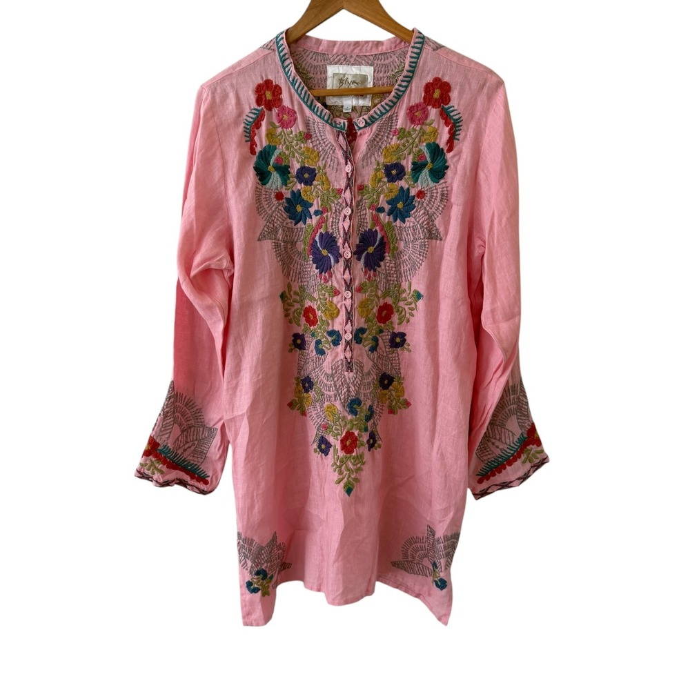 Johnny Was Biya Embroidered Tunic Top Womens L Pink Linen Floral Boho Henley